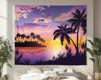 Palm Tree Tapestry - Summer Sunset Landscape Wall Hanging, Aesthetic Home Decor, Tropical Seaside Scenery,  Beach Vibe Coastal Wall Art