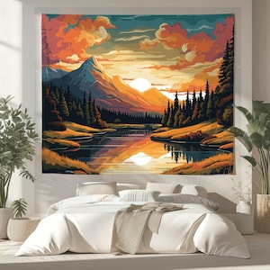 Nature Tapestry - Artistic Landscape Wall Hanging, Sunset Forest Wall Art, Bedroom Living Room Decor, Aesthetic Mountain View