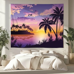 Palm Tree Tapestry - Summer Sunset Landscape Wall Hanging, Aesthetic Home Decor, Tropical Seaside Scenery,  Beach Vibe Coastal Wall Art
