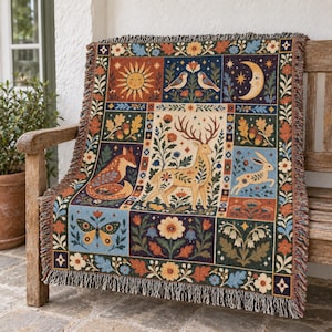 Folk Art Woodland Woven Blanket, Deer Fox Rabbit Cotton Throw, Sun & Moon Tapestry, Floral Patchwork Cottagecore Decor, Cozy Christmas Gift