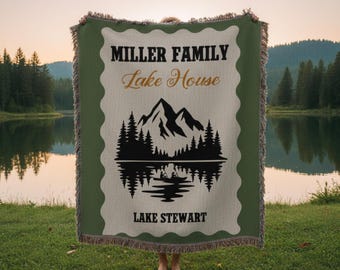 Custom Lake House Woven Blanket, Personalized Family Name Lake Cabin Throw, Cottage Lake Life Decor, Rustic Vacation Home Blanket