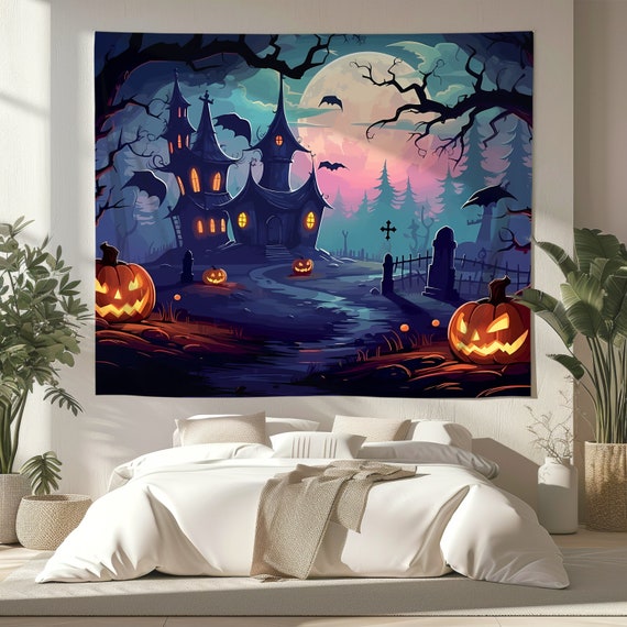 Halloween Tapestry Spooky Dark Forest Wall Hanging Haunted House Illustration Art Seasonal Decor Scary Witchy Tapestry Whimsigoth Etsy