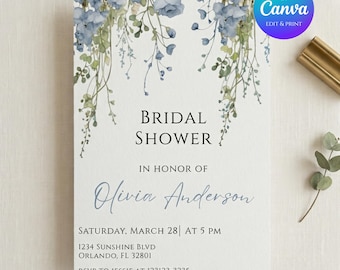 Floral Bridal Shower Invitation Template, Editable Canva Invitation 5x7, Dusty Blue Wedding Shower Invite, Instant Download Printable Card