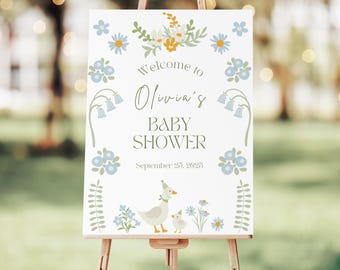 Letrero de bienvenida con diseño de pato para baby shower: póster floral de bienvenida, género neutro