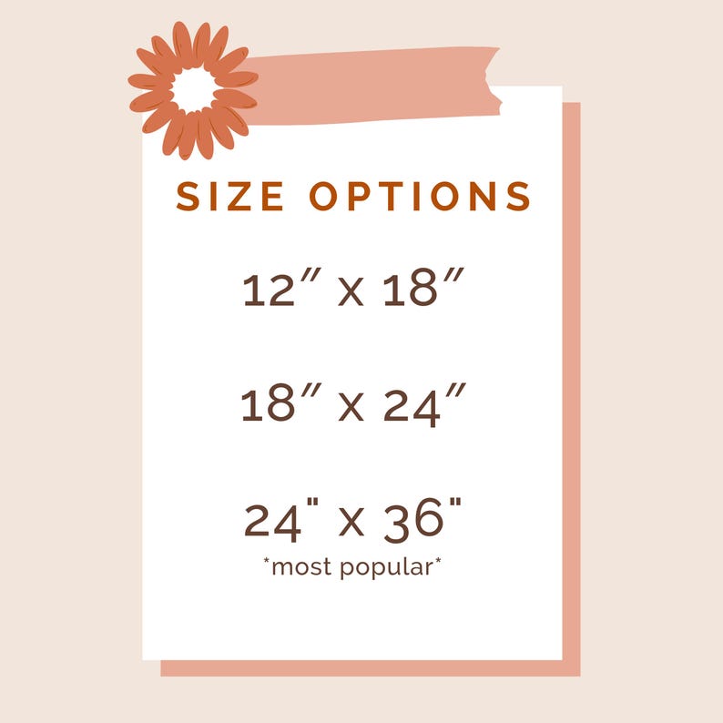 May include: A white rectangular sign with the text "SIZE OPTIONS" in brown. Below are size options: 12" x 18", 18" x 24", and 24" x 36" with "most popular" below the largest size. A flower graphic is in the upper left corner.