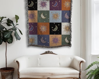 Boho Sun and Moon Woven Tapestry: Celestial Checkerboard Wall Hanging