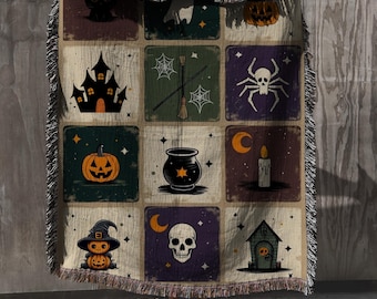 Halloween Woven Throw Blanket: Whimsigoth Patchwork, Spooky Season Decor