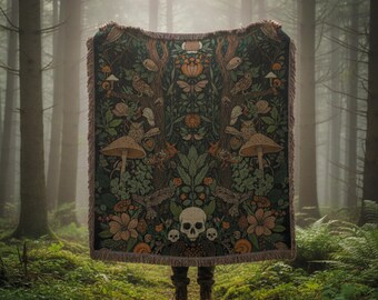 Goblincore Woven Blanket - Vintage Dark Cottagecore Skull Throw, Mystical Enchanted Forest Wall Tapestry, Gothic Nature Decor