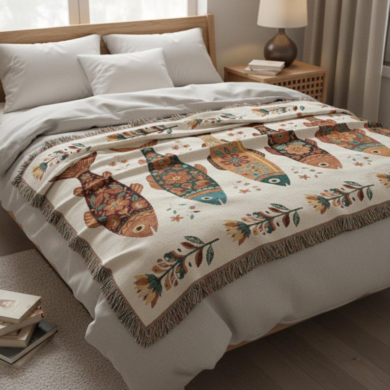 May include: A beige throw blanket with a repeating pattern of colorful, stylized fish. The fish are decorated with floral and geometric designs in shades of orange, blue, and green. The blanket has a fringed edge.