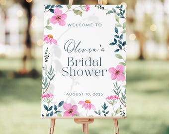 Welkomstbordje met wilde bloemen vrijgezellenfeest: roze bloemen bruiloftsdecor
