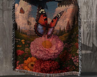 Butterfly Woven Blanket, Contemporary Abstract Throw, Cottagecore Wall Tapestry, Cute Gift for Girlfriend, Cozy Couch Blanket