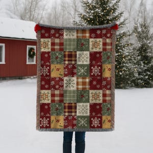 Manta tejida de patchwork navideño primitivo, decoración navideña rústica de cuadros de arte popular