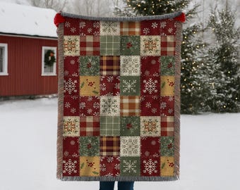 Primitive Weihnachts Patchwork gewebte Decke, rustikale Volkskunst Urlaub kariertes Dekor