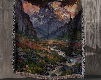 Mountain Landscape Woven Blanket, Nature Wall Tapestry, Scenic Forest Valley Throw, Cottagecore Rustic Home Decor