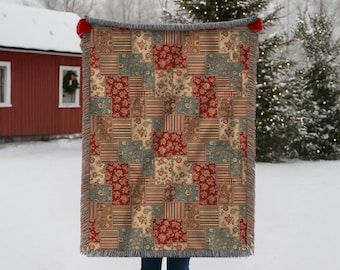 Primitive Patchwork Woven Blanket – Vintage Floral Cottagecore Throw, Rustic Farmhouse Quilt-Style Tapestry, Cozy Christmas Home Decor Gift