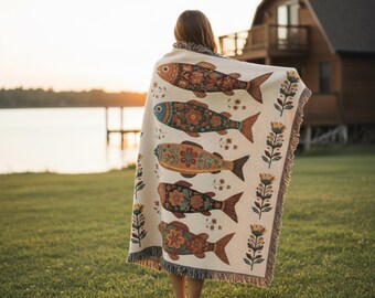Folk Art Fish Woven Blanket – Scandinavian Floral Lake House Throw, Rustic Cottagecore Fringed Blanket, Lodge Cabin Wall Hanging