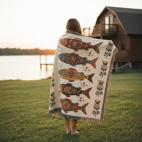 Folk Art Fish Woven Blanket – Scandinavian Floral Lake House Throw, Rustic Cottagecore Fringed Blanket, Lodge Cabin Wall Hanging