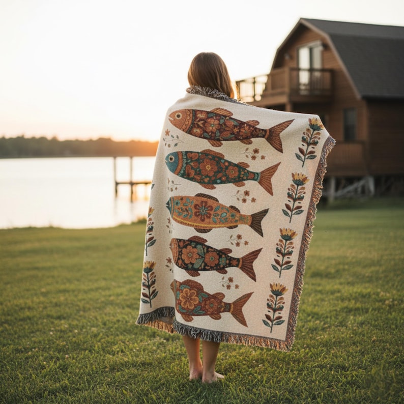 May include: A beige throw blanket featuring a repeating pattern of stylized fish with floral details in shades of orange, brown, and teal. The blanket has a fringed edge and is draped over a person standing on green grass near a lake.