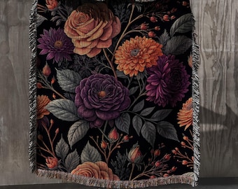 Dark Floral Woven Blanket, Gothic Vintage Botanical Throw, Wildflower Cottagecore Tapestry, Witchy Halloween Decor for Bedroom, Living Room