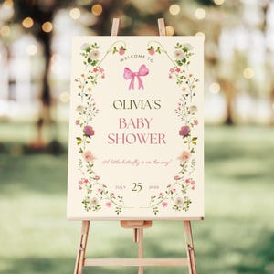 Wildflower Baby Shower Welcome Sign, Butterfly Baby Shower Signage, Printed Baby Shower Poster, Floral Baby in Bloom Pink Entrance Board