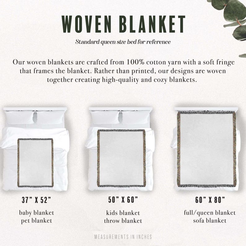 May include: Image shows three woven blankets in different sizes: 37" x 52", 50" x 60", and 60" x 80". The blankets are white with a fringed border. Text reads "WOVEN BLANKET" and describes the blankets as crafted from 100% cotton yarn.