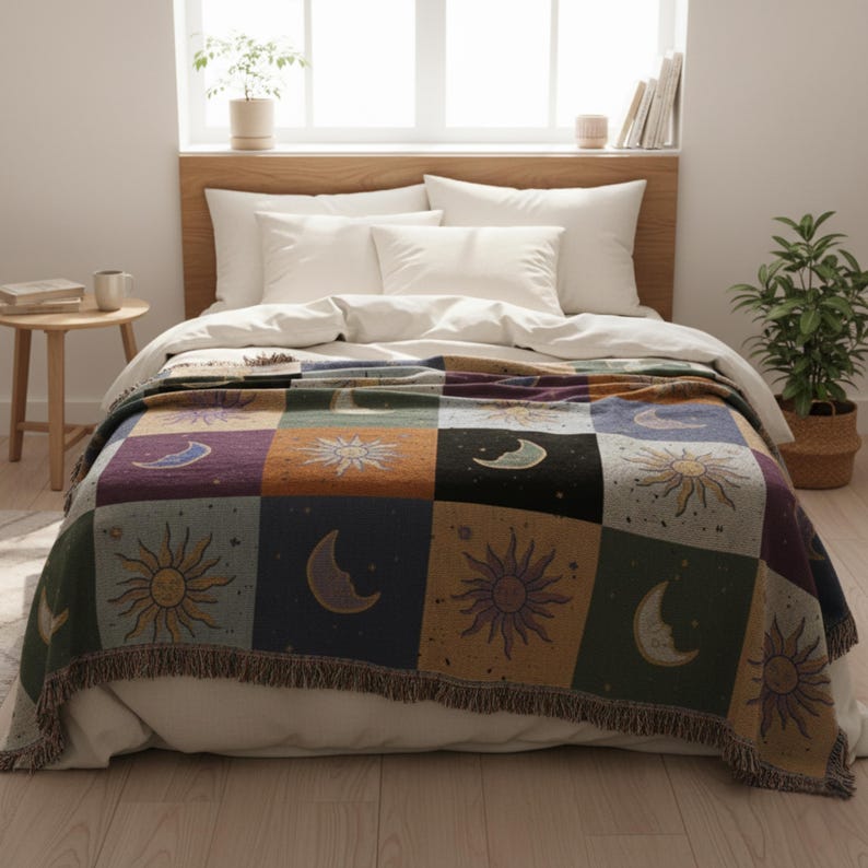 Boho Sonne und Mond gewebte Decke - Himmlische Schachbrett-Decke, Vintage Astrologie-inspirierte Wandteppich, gemütliches Boho Home Decor Geschenk Bild 7