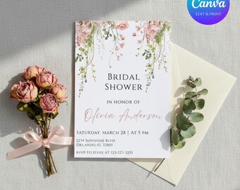 Floral Bridal Shower Invitation Template, Editable Canva Invitation 5x7, Blush Pink Wedding Shower Invite, Instant Download Printable Card