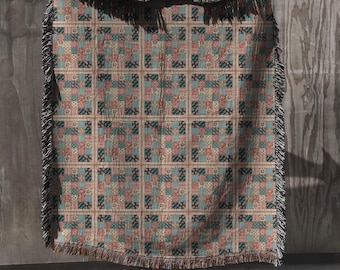 Grandmillennial Woven Blanket, Vintage Floral Patchwork Throw, Cottagecore Woven Tapestry, Cozy Home Décor, Boho Granny Chic Throw