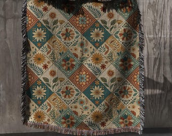Patchwork Floral Woven Blanket, Cozy Boho Throw, Rustic Cottagecore Home Decor, Vintage Flower Tapestry