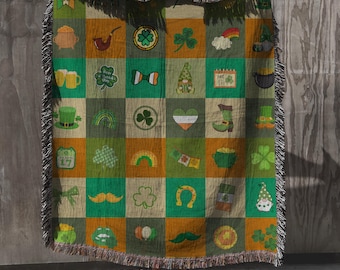 St. Patrick's Day Woven Blanket, Irish Shamrock Throw, Lucky Clover Home Decor, Patchwork Tapestry St. Paddy's Gift, Festive Holiday Party