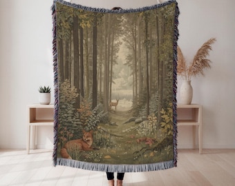 Enchanted Forest Woven Blanket, Woodland Tapestry Throw, Cottagecore Deer & Fox Blanket, Vintage Nature Wall Hanging, Cozy Rustic Home Decor