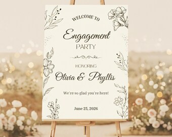 Engagement Party Welcome Sign - Floral We're Engaged Signage, Engagement Entrance Decor, Engagement Photo Backdrop Board