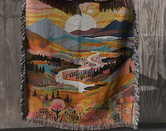 Sunset Landscape Woven Blanket, Artistic Mountain River Tapestry Throw, Earthy Boho Cottagecore Home Decor