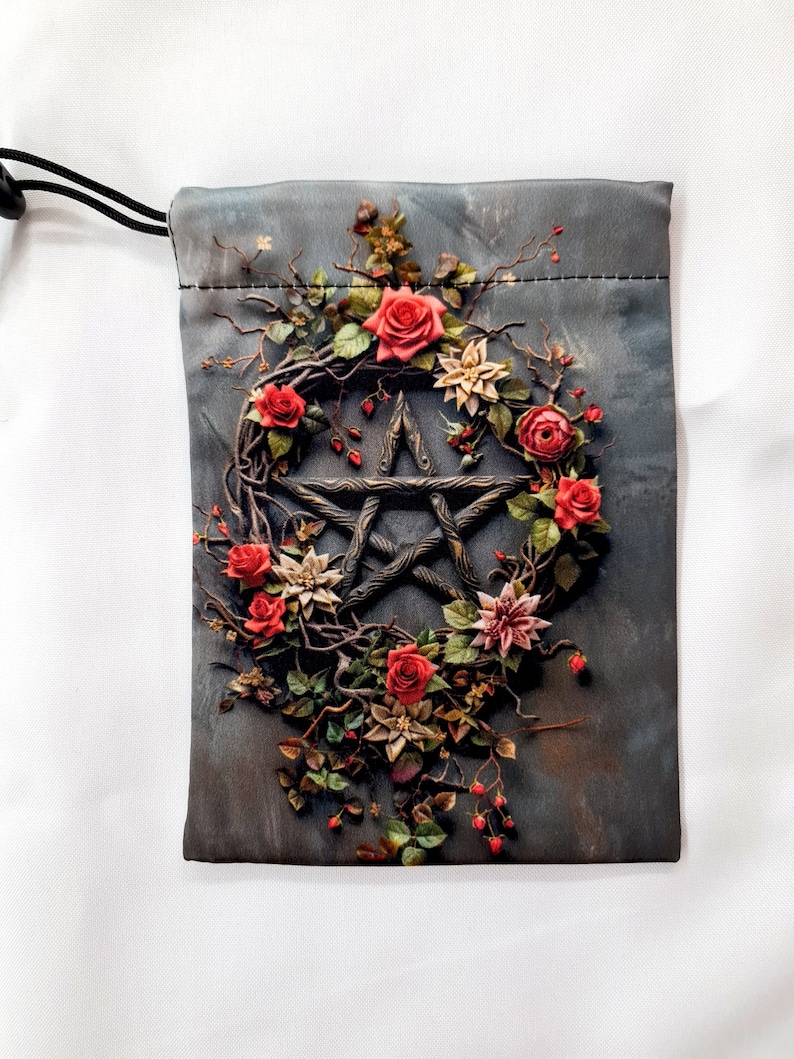 Tarot Card Bag Pentacle and Flowers, Tarot Pouch Satin, Drawstring ...