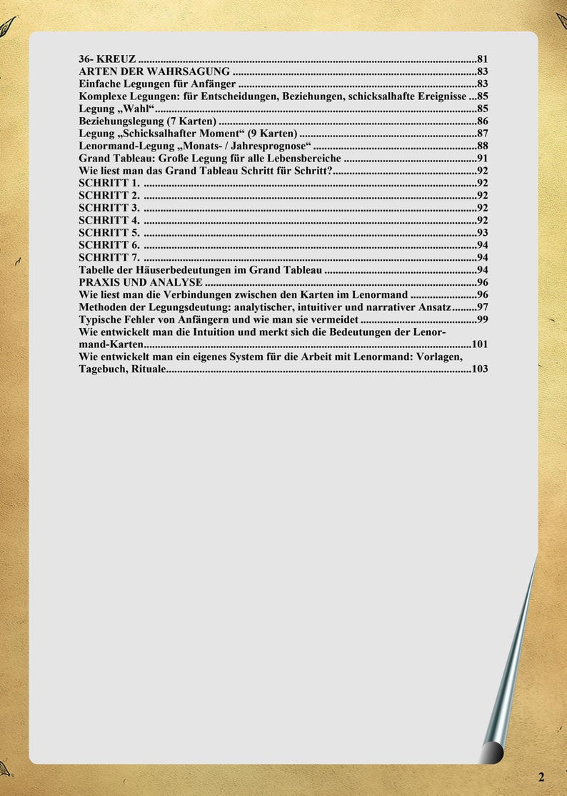 May include: A page from a book with a light beige background featuring a table of contents in German. The text lists various chapters and sections related to Lenormand card reading, including topics like card layouts, analysis, and intuition development.