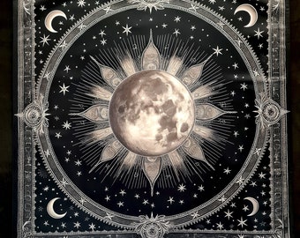 May include: A black and white illustration of a full moon with a starburst design on a black background. The moon is surrounded by a decorative border with stars and crescent moons.