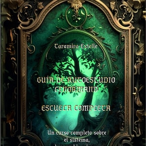 May include: A book cover with a dark green and gold ornate frame. The cover features the text "Taromira Estelle" and "GUÍA DE AUTOESTUDIO LENORMAND ESCUELA COMPLETA". The background has a tree silhouette.