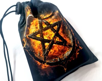 May include: A black drawstring bag with a pentagram design surrounded by flames. The bag is made of a soft, durable fabric and is perfect for storing small items.