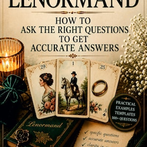 May include: A book cover titled LENORMAND HOW TO ASK THE RIGHT QUESTIONS TO GET ACCURATE ANSWERS by Taromira Estelle. It features three cards numbered 29, 1, and 25, a green book, a gold key, a candle, and a circular badge with text about templates.