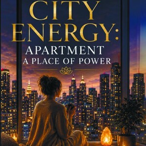 May include: Book cover for "City Energy: Apartment, A Place of Power" by Taromira Estelle. The image shows a woman looking out a window at a city skyline at night. The book title is in gold lettering.