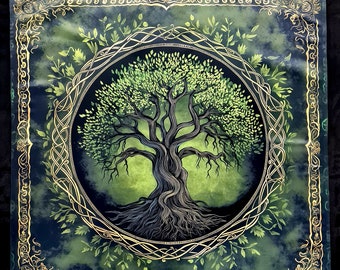 May include: A tapestry featuring a green tree of life with intricate roots and branches, surrounded by a gold Celtic knot design on a dark blue background.