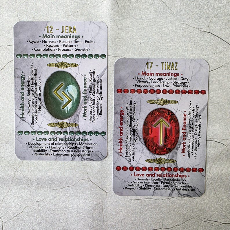 May include: Two tarot cards with detailed text and symbols. One card features a green rune, the other a red rune. The cards have headings like "Health and Energy," "Work and Finance," and "Love and Relationships."