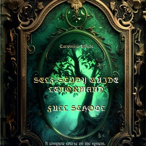May include: A book cover with a dark green and gold ornate frame. The cover features a tree illustration and text that reads "SELF-STUDY GUIDE LENORMAND FULL SCHOOL" and "A complete course on the system, combinations, and the Grand Scoreboard."