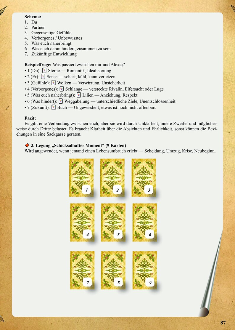 May include: A page from a book featuring a German text guide for a nine-card tarot spread titled Schicksalhafter Moment. The page includes a numbered list of steps, an example reading, and a grid of nine identical gold-toned cards with green patterns.