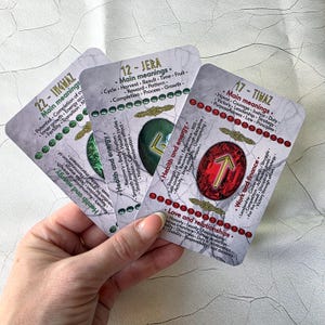 May include: Three tarot cards are held in a hand, each featuring a different rune symbol and associated keywords. The cards have a white background with green and red accents. The text on the cards includes words like "Health and Energy" and "Love and Relationships."