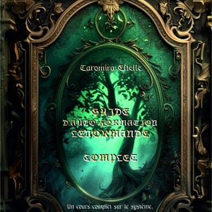 May include: A book cover with a dark green and gold ornate frame. The cover features a tree silhouette against a misty background. Text includes "Taromira Citelle" and "GUIDE D'AUTO-FORMATION LENORMAND".