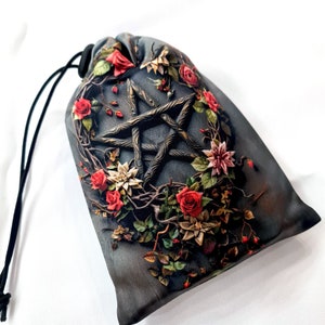 Tarot card bag Pentacle and flowers, tarot pouch satin, drawstring pouch, witchy bag, altar tools, Oracle Deck Bag, Pouch Bag for Tarot Card