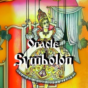 Puede incluir: Ilustración de estilo vintage con una figura de marioneta con un vestido real, con el texto "Oracle Symbolon" y "Dialogue with the subconscious". La obra de arte utiliza una paleta de colores cálidos y elementos decorativos.
