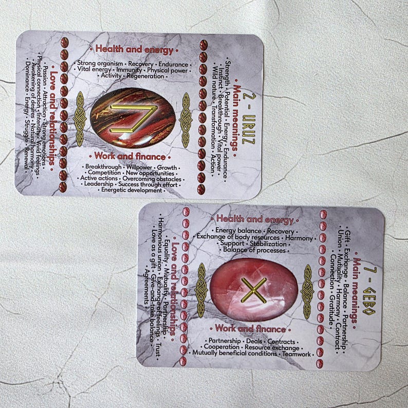 May include: Two rectangular oracle cards with text and symbols. The top card features the text "2 - URUZ" and the bottom card reads "7 - GEBO". Each card has sections for health, love, work, and main meanings.