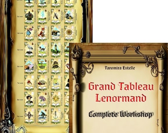 Può includere: Immagine di un workshop completo di Grand Tableau Lenormand. L'immagine include una pergamena di grandi dimensioni con illustrazioni di carte e un libro con il titolo "Grand Tableau Lenormand". Il libro include anche il testo "Complete Workshop".